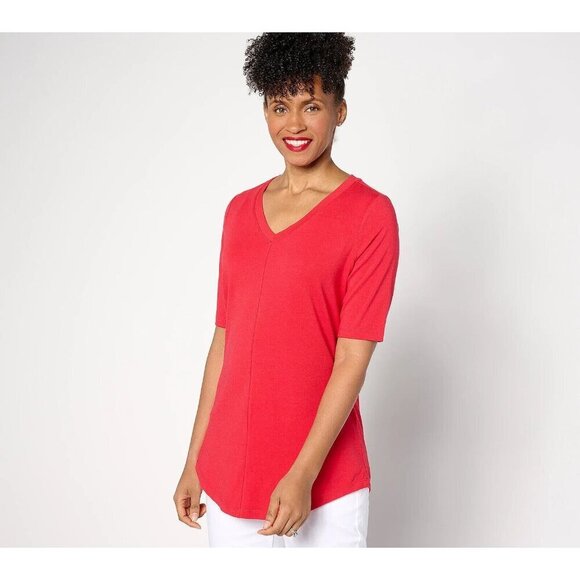 Denim & Co. Essentials Pet Favorite Jersey Elbow Sleeve V-N True Red,Petite L - Picture 1 of 1